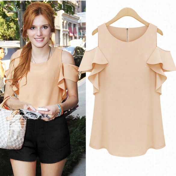 Stylish Lady Womeen New Fashion Lotus Sleeve O-neck Off-shoulder Blouse Chiffon Shirt