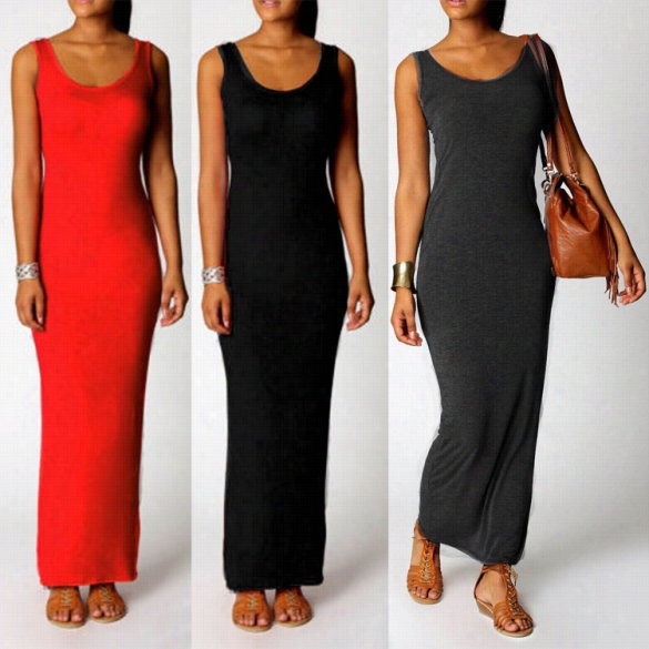 Stylish Lady Women Sexy Sleeveless Sundrews Stretch Bodycon Pure Color Absic Casual Slim Dress