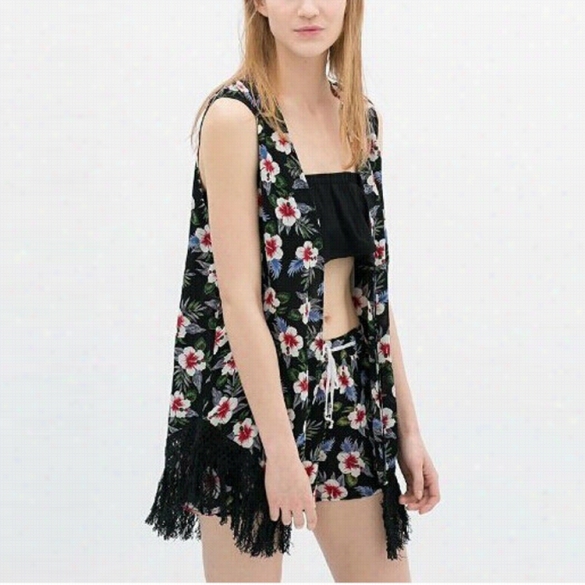 Stylish Lady Women's Casual Floral Retro Sleeveless Tassel Long Chiffon Tops Blouse