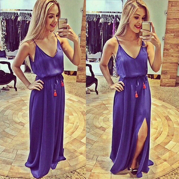 Stylish Ladyw Omen's Casual New Fashion Slee Velss Strap V--neck Cocktail Party Long Dress