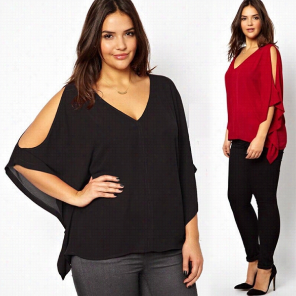 Stylish Lady Women's Casual Sexy Women V-neck Plus Size Batwing Sleeve Blouse Chiffon T-shirt Top