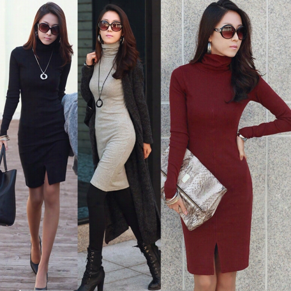 Stylish Lady Women's Casual Slim High Collar Long Sleeve Knitted Bottoming Dress