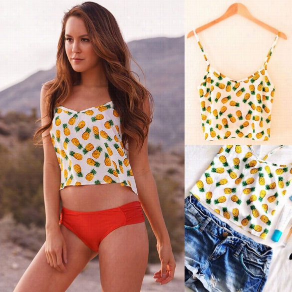 Stylihs Lady Women's Fashion Casual Strap Backless Chiffon Pineapple Printed Sexy Crop Tops