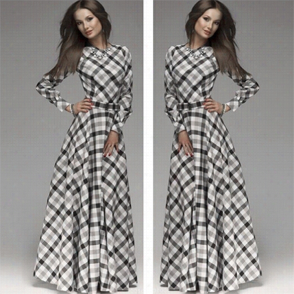 Stylish Lady Women's  New Fashion Long Sleeve O-neck Plaid Cocktail Sexy Long Dress