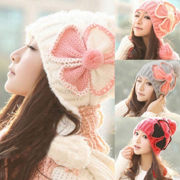 Fashionable Unaccustomed Women's Knit Winter Warm Cap Hat Ski Slouch Flower Pattern