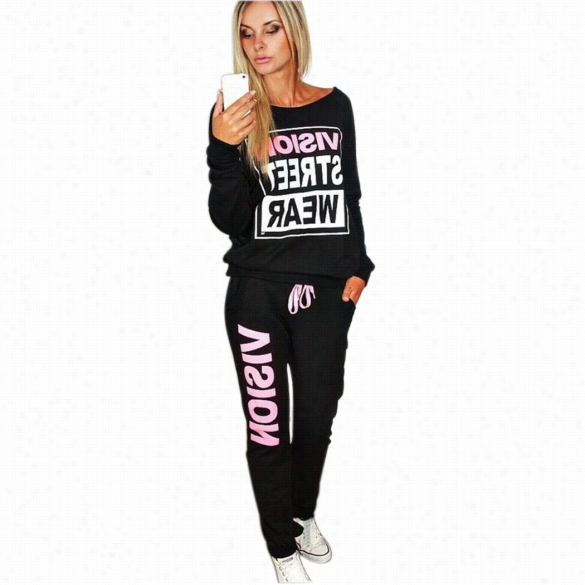 Stylish Women 2 Pcs Set Casual Long Sleeve Letters Print Pullover Hoodie And Pants