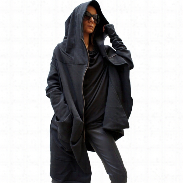 Stylish Women Casua L Long Sleeve Allay Asymmetric Hooded Coat Zipped Jacket