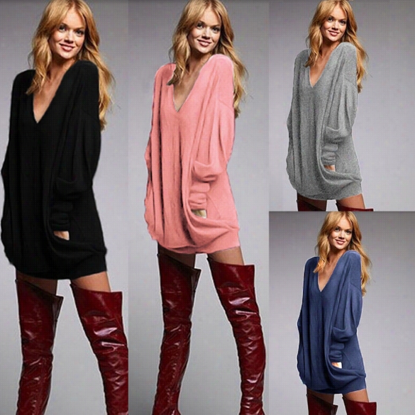 Stylish Women Casual V Neck Long Sleeve Loose Solid Spare Hours Top Blouse Mini Dress
