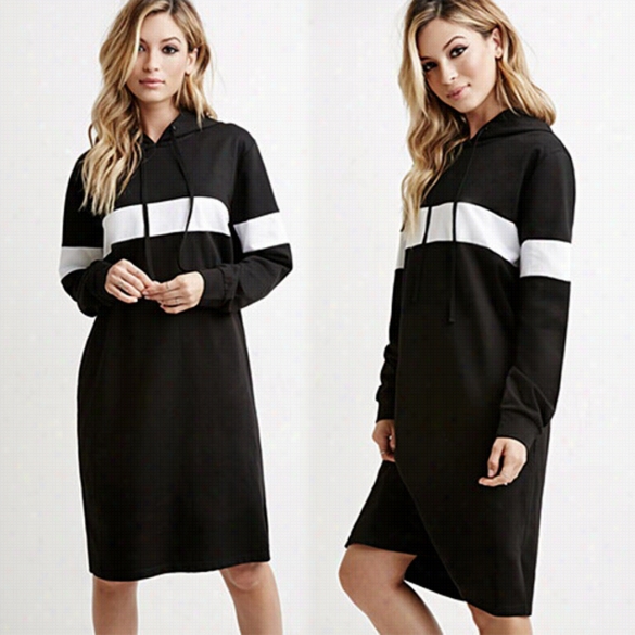 Sytlish Women Loose Casual Hooded Spliciing Extended Sleeve Slim Knee Length Hoodie Dress