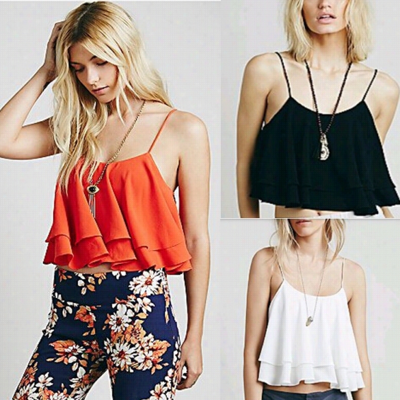 Summer Sweet Stylish Ladies Women Chiffon Pair Layers Flouncing Backless B Ack Lacing Crop Top