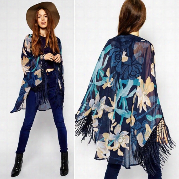 Summer Women Casual Chiffon Kimono Cardigan Long Sleeve Tassel Loose Floral Blouse Tops