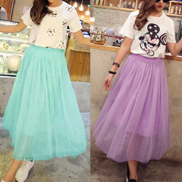 Summer Women's Net Yarn Casual Long Skirt Candy Color Solid Maxi Skirt