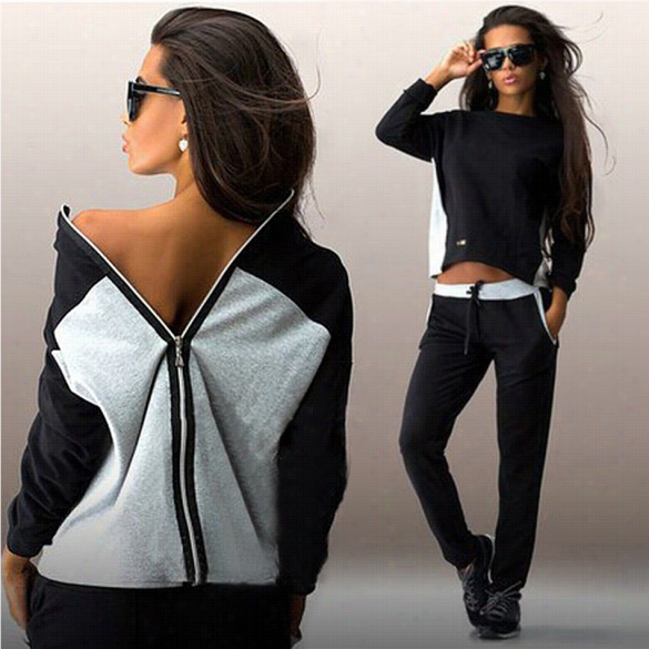 Sweatshirt Hoodie Sport Long Seleve Back Zipper Splicing Women Tracksuits Sp Ort Suits 2pcs Set