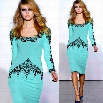 Women Bodycon Long Sleeve Floral Print Ladies Tunic Party Midi Pencil Dress