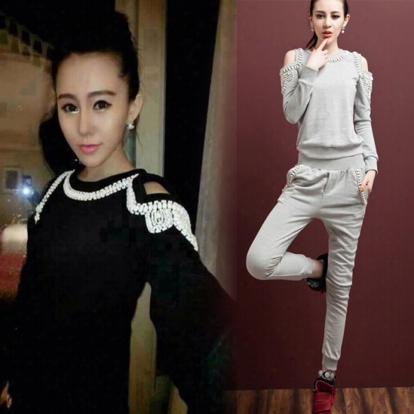 Women Beaded Lomg  Sleeved Sweater Pullover Sports Training Wear Leisure Suit