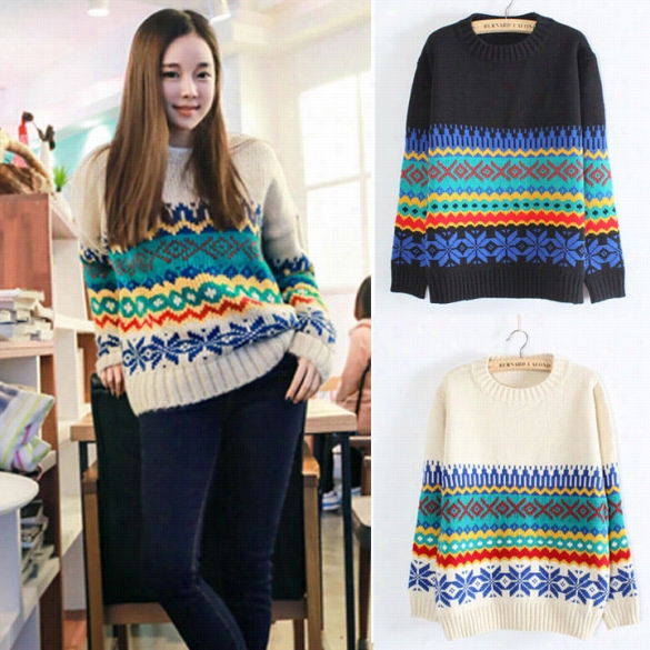 Women Contrast Color Crew Neck Pullover Loos Long Sleeve Knitted Sweater