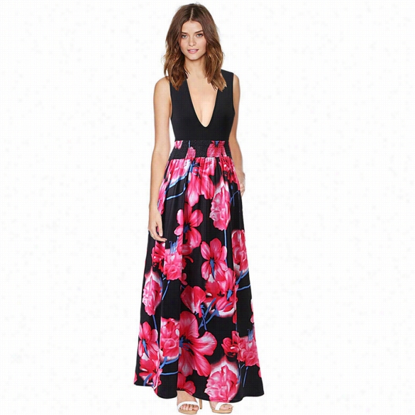 Women Fashion Casual Sexy Deel V Neck Sleeveless Elsatic High Waist Floral Patchwork Stretc H Maxi Long Dress