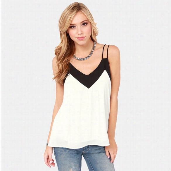 Women Fashion Sexy Chiffon V Neck Sleevelesd Spaghetti Strap Backless Patchwork Contrast Color Tank Tops