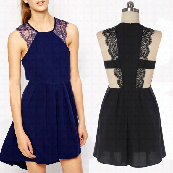 W Omen Fashion Sexy Sleeveless Backless High Waist Hollow Lace Patchwork Pleatted A-line Short Dress