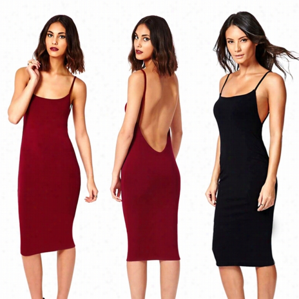 Women Fashion Syx Silm Round Neck Sleeveless Backless Adjustable Strap Soid Pencilp Adty Dress