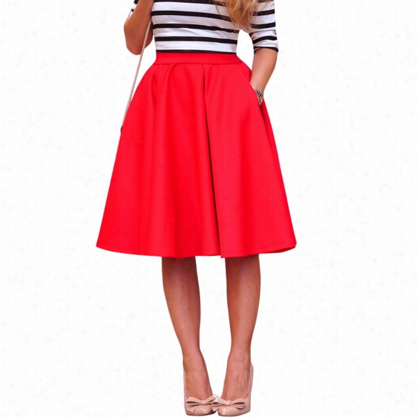 Women Fashion Summer Autumn A Line Pleated Midi Skirts Ball Party Red High Waist Flare Skirt