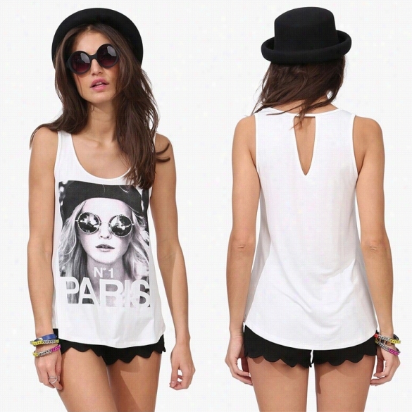 Women Fashionn Summer Casual Loose Round Neck Sleeveless Hollow Modern Girl Face Letter Print Tank Top