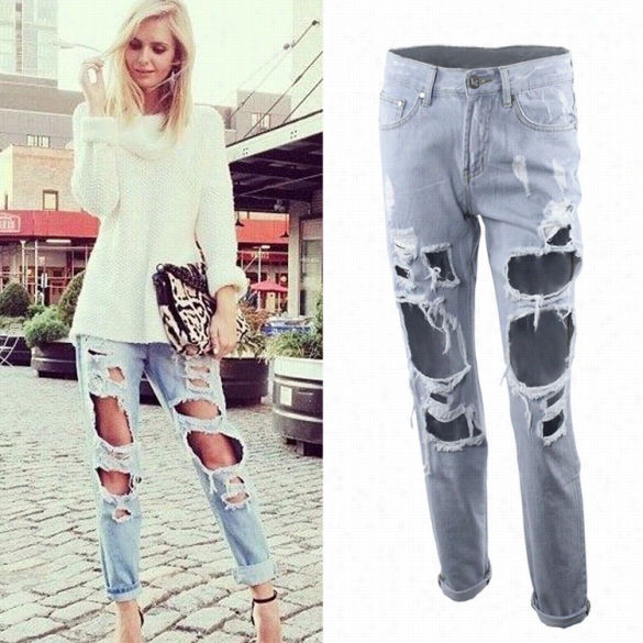 Women Fashion Vintage Sty Le Torn Holes Denim Blue Pants Female Retro Pencil Long Pants