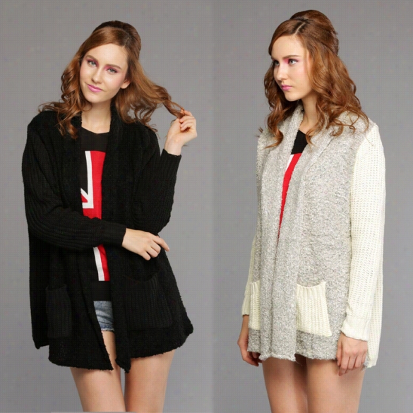 Women Korean Casual Loose Lon G Sleeve Splice Kn Itted Sweaters Cardigan Coat