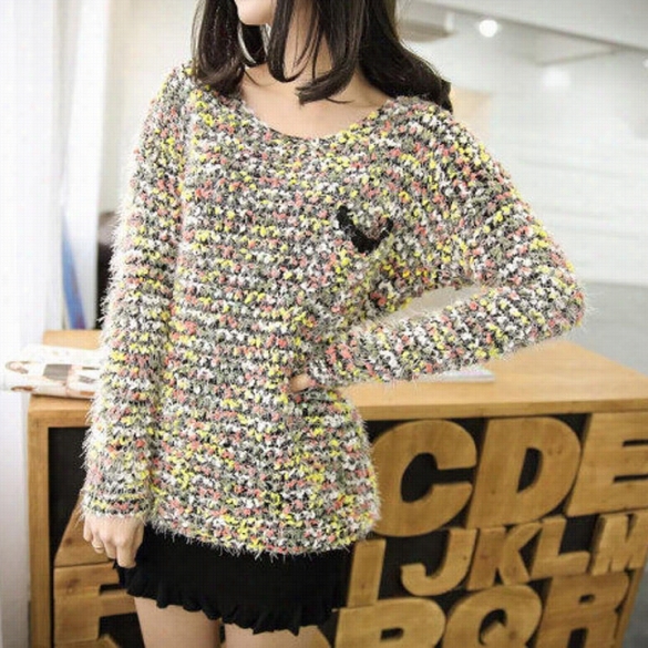 Women Long Sleevekntted Mohair Sweater Leisure Loose Knitwear Tops Pullover