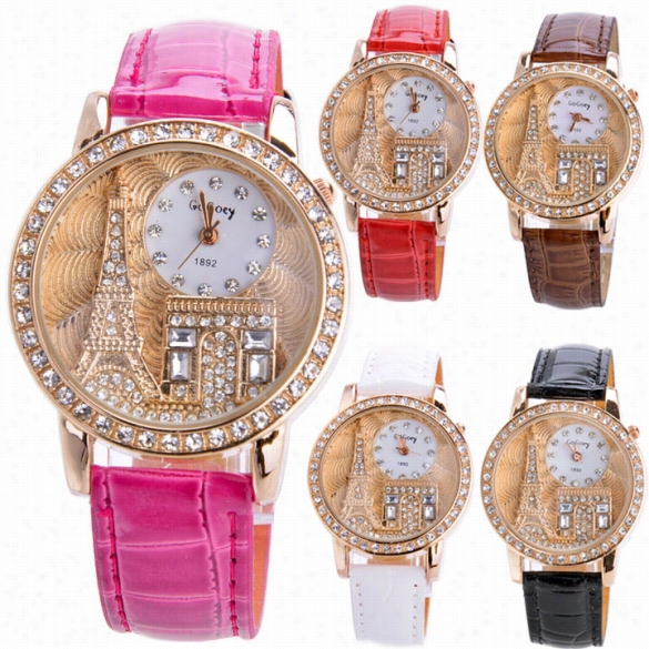 Women Rhinestone Luxury Watches Crystal Eather Tower Quartz Wrist Watch