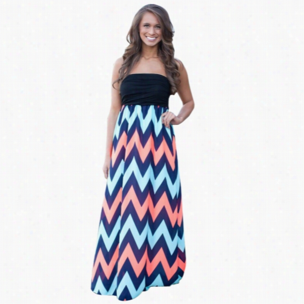 Women Sexy Casual Straplsss Off Shoulder Backless Elastic High Waist Patchwork Wave Stripe Maxi Long Dress