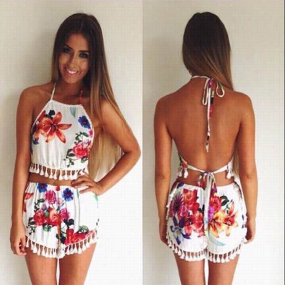 Women Sexy Casu Al Pair Pieces Set Halter Sleeveless Backless Lace Trimming Crop Tops Flower Prinnt Fringe Shorts