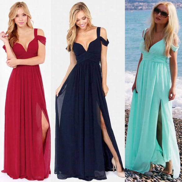 Women Sexy Chiffon Dress Great V-neck Eveninh Beach Off -hsoulder Pelated Dress