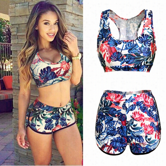 Women Sexy Two Pieces  Sleeveless Ackless High Waist Flower Prit Stretch Swimwear Beach Wear Swimsuit Bikini Set