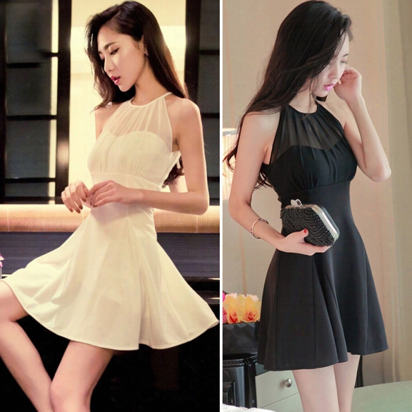 Women Spaghetti Strap Hhollow  Out Off  Shoulder On Sck Sheer Chiffon Pleated Dress