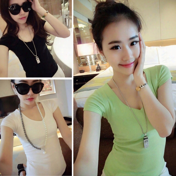 Women Spring Summer 5 Complexion V-neck Cotton T-shirt Short S1eeve Blouse Tops Tee