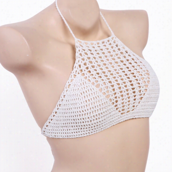 Women Summer Crochet Hollow Cotton Knit Halter Blouse Tank Top Beachwear