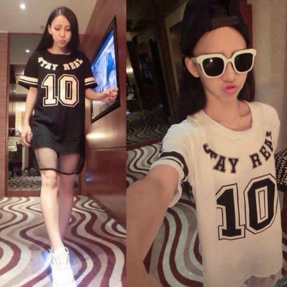 Women Words Print O-neck Net Yarn Patchwo Rk Hem Loose Shorts Leeve Miini Dress