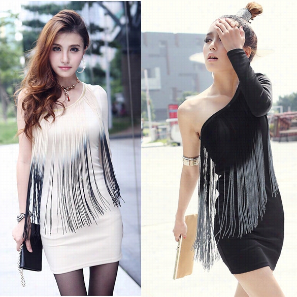 Women's Charming Sexy Boat Neck Colo-rmatch Tassel Fringe One-shoulder Array