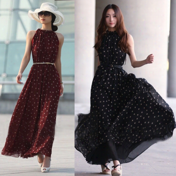 Women's Chiffon Wave Pointt Dot Sleeveless Maxi Summer Beach Long Dress Shirt