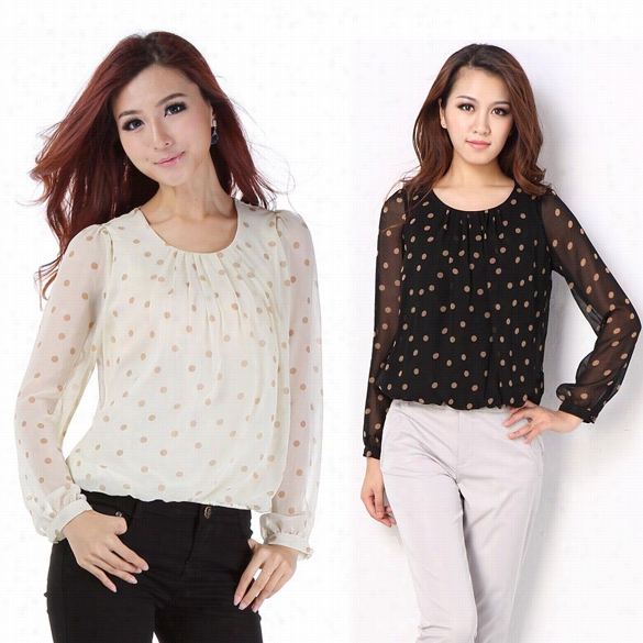 Women's Dot Pattern Round Colla Lingering Sleeve Chiffon Blouse Shirt Top