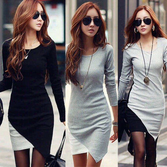 Women's Elegant Long Sleeve Patcchwork Fold Bodycon Hip Casual Lady Work Wear Dress