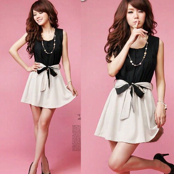 Women'ss Fashion Korea Style Sleeveless Elastic Waiist Dressc Olor Block Mini Dress With Belt
