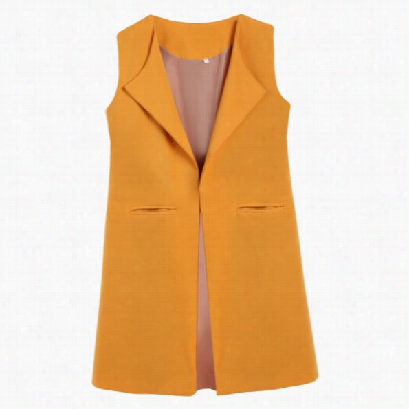 Women's Plain Sleeveless Open Face Solid Long Waistcoat Vest Coat Blazer