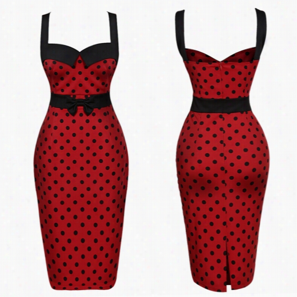 Women's Retro 40's 50's Rockabilly Dress Polka Dots Classic Pencil Dress Stretchy Strap Dress