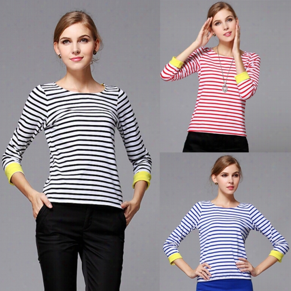 Women's Round Neck Stripe 3"4 Sleev Et-shirt Tops Blouse Finejo
