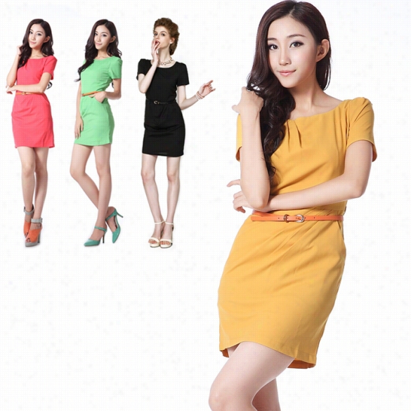 Women's Short Sleeve Round Pleat Neck Slim Fit Ol Dress Party Dress Finejo