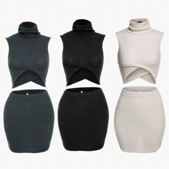 Zeagoo Women Seexy 2 Piece Knitted Bodycon Turtle Neck Crop Tops + High Waist Mini Flap Set