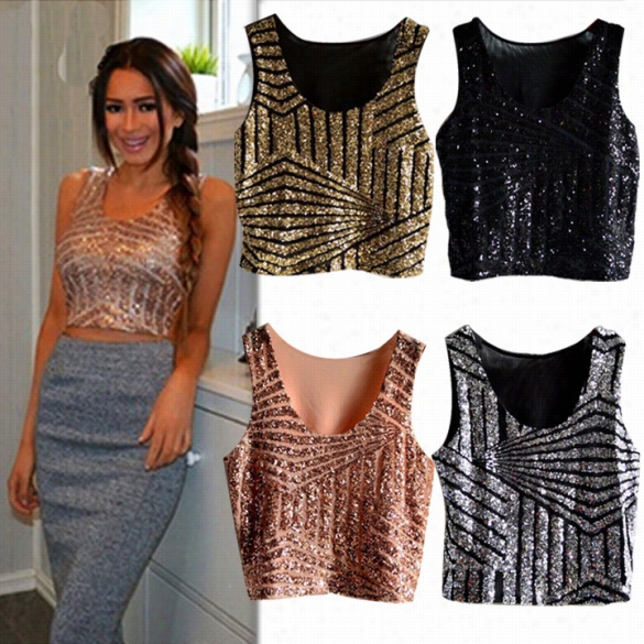 2015 Newest Fashion Sexy Lady Women's Sleeveless Sequins Splicing Short Tank Tops