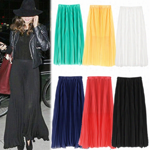 2015 Newest Stylish Lady Women Fashion Summer Sollid Sexy Chiffon Long Pleated A-line Skirt